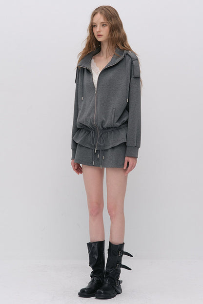 Silhouette Drawstring Hoodie and Studded Skirt Set-Up