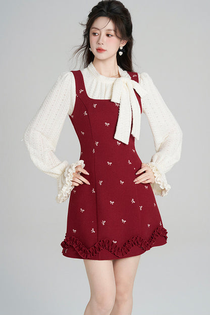 Red Sleeveless Dress and Apricot Top Set-Up