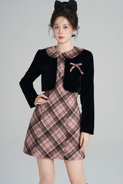 Layered-Look A-Line Plaid Dress