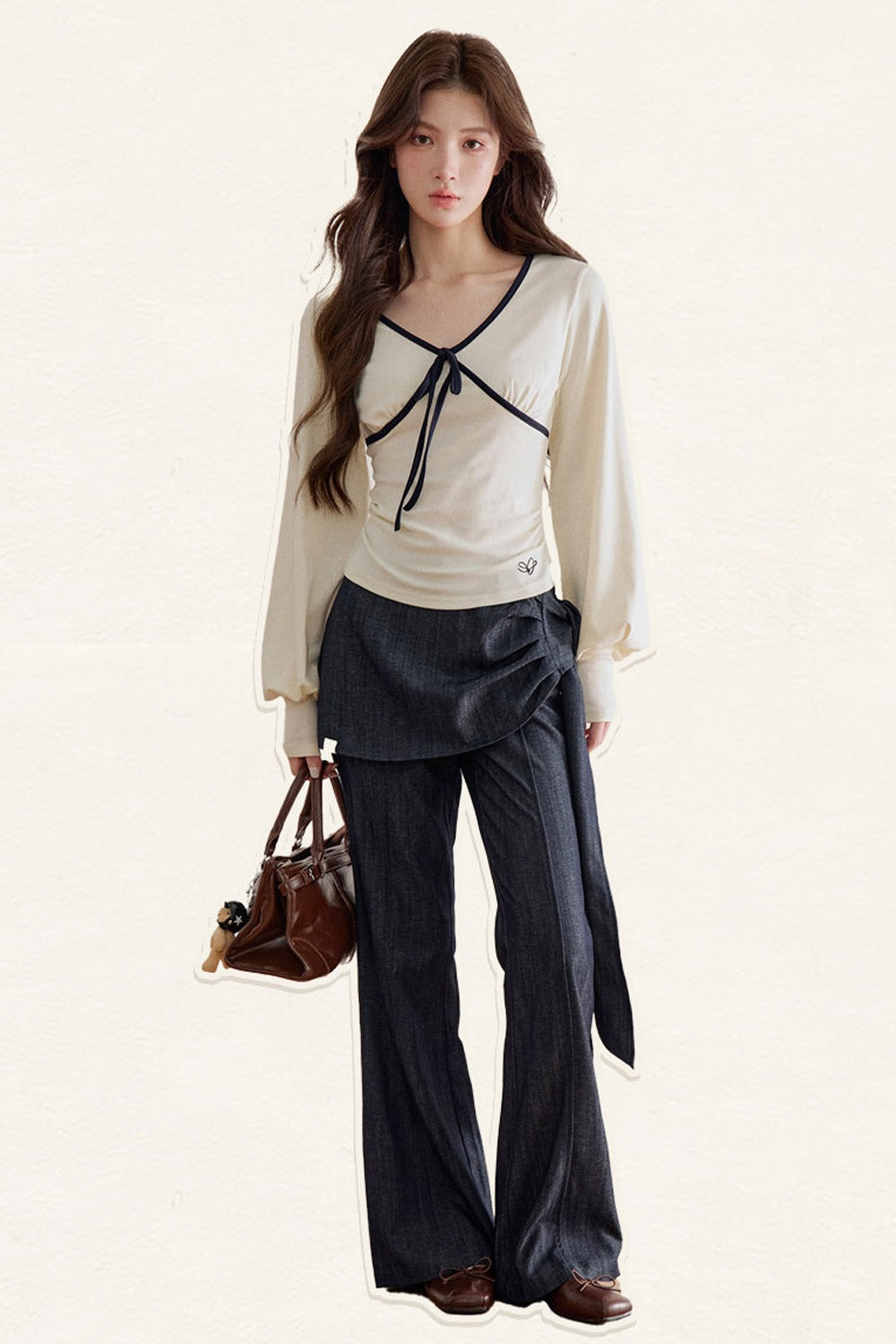Lyocell V-Neck Tie Long-Sleeve T-Shirt