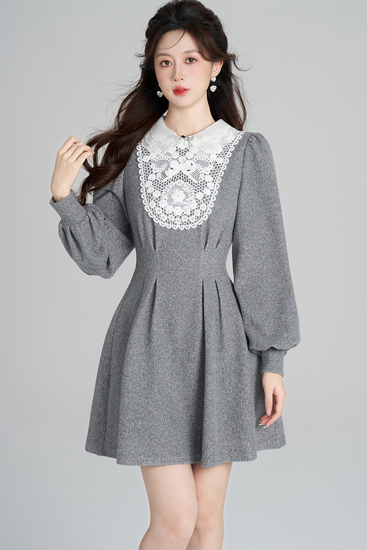 Lace Patchwork Puff Sleeve Dress