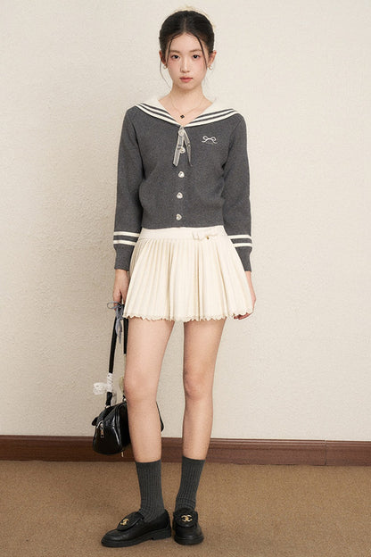 Bow Sailor Collar Knit Cardigan Set-Up