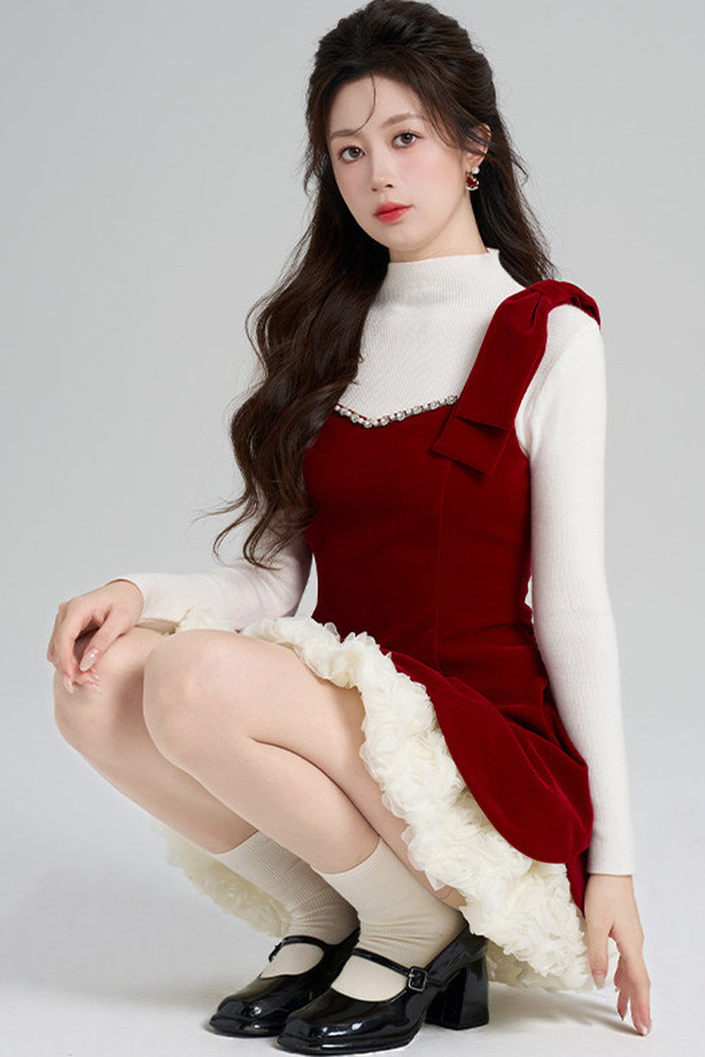 Red Velvet Dress and White Top Set-Up