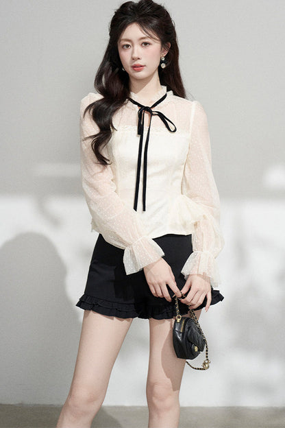 Apricot Mesh Ruffle Blouse
