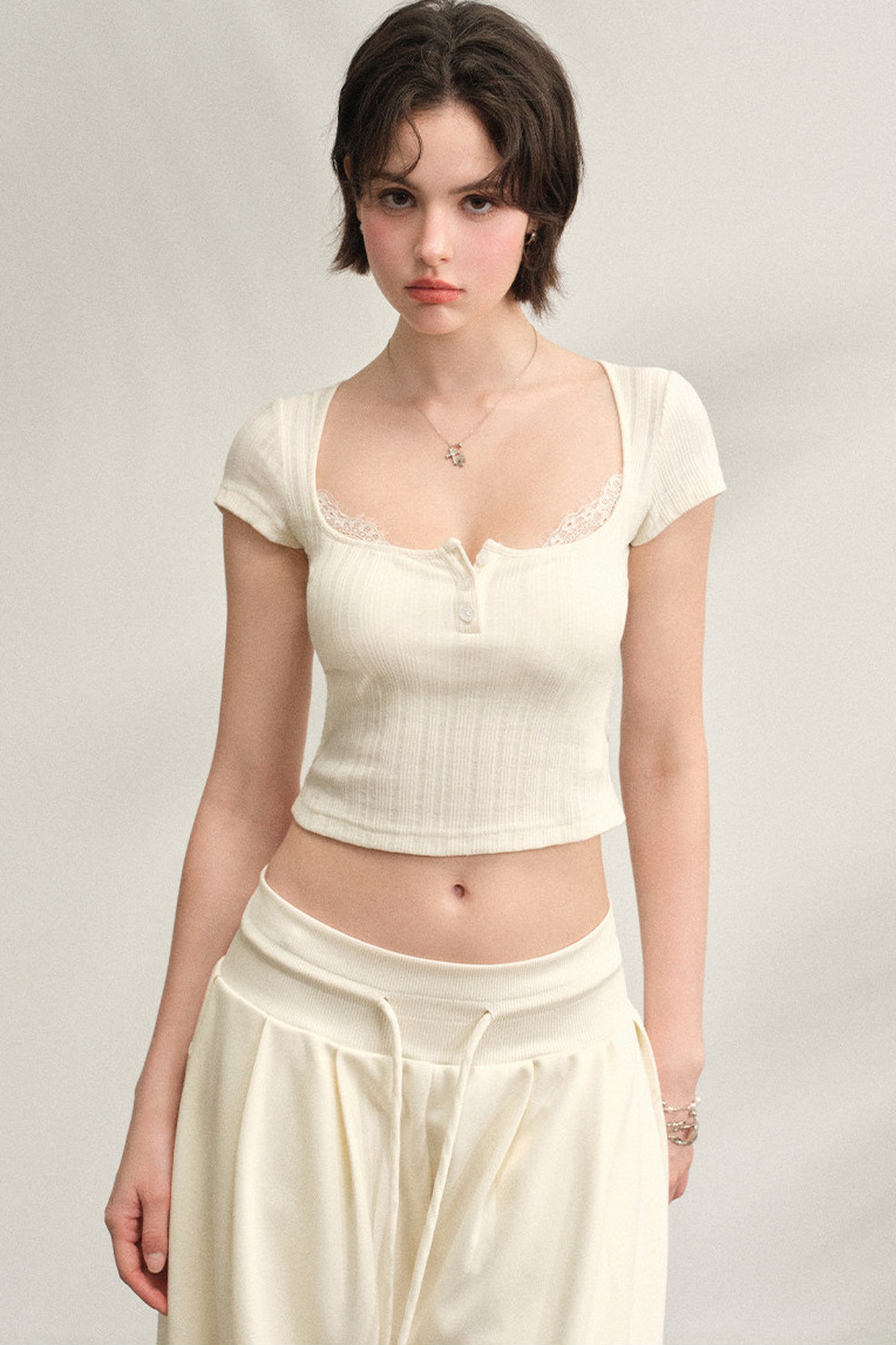 Square Neck Ribbed Lace Top