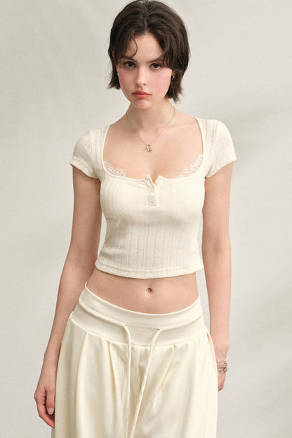 Square Neck Ribbed Lace Top