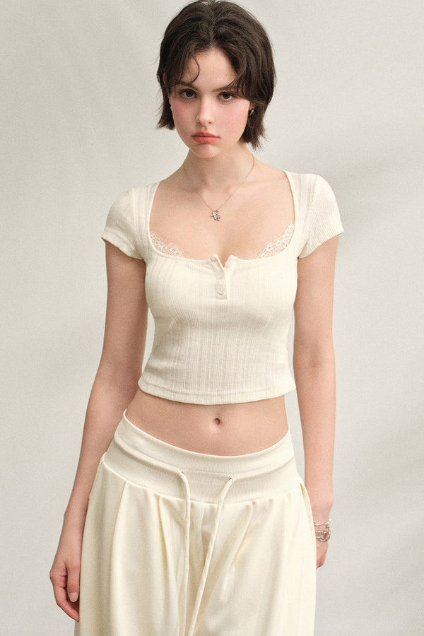 Square Neck Ribbed Lace Top