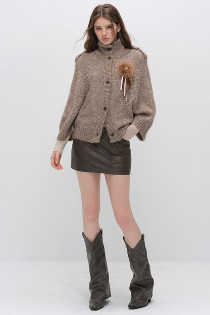Stand Collar Corsage Knit Cardigan