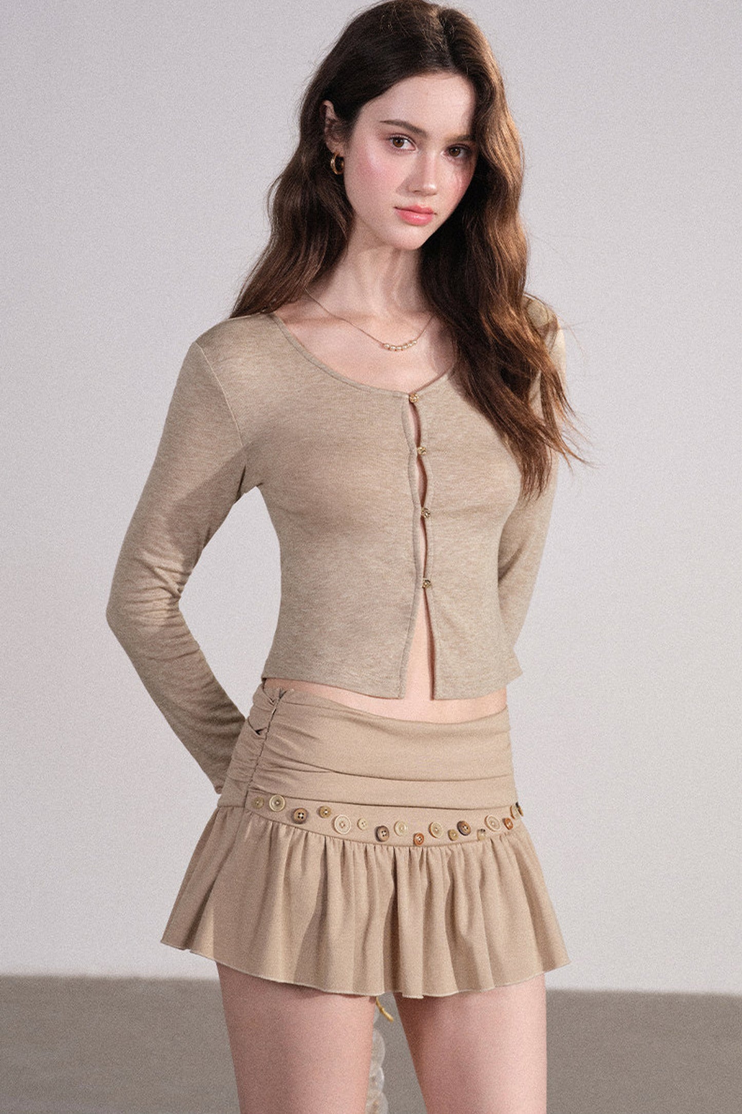 Wavy Hem Suspender Dress and Cardigan Set-Up