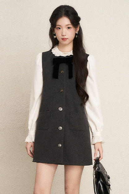 Ruffled Blouse and Vest Dress Set-Up