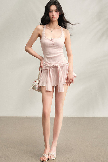 Ribbed Lace Vest Dress with Cardigan Set-Up