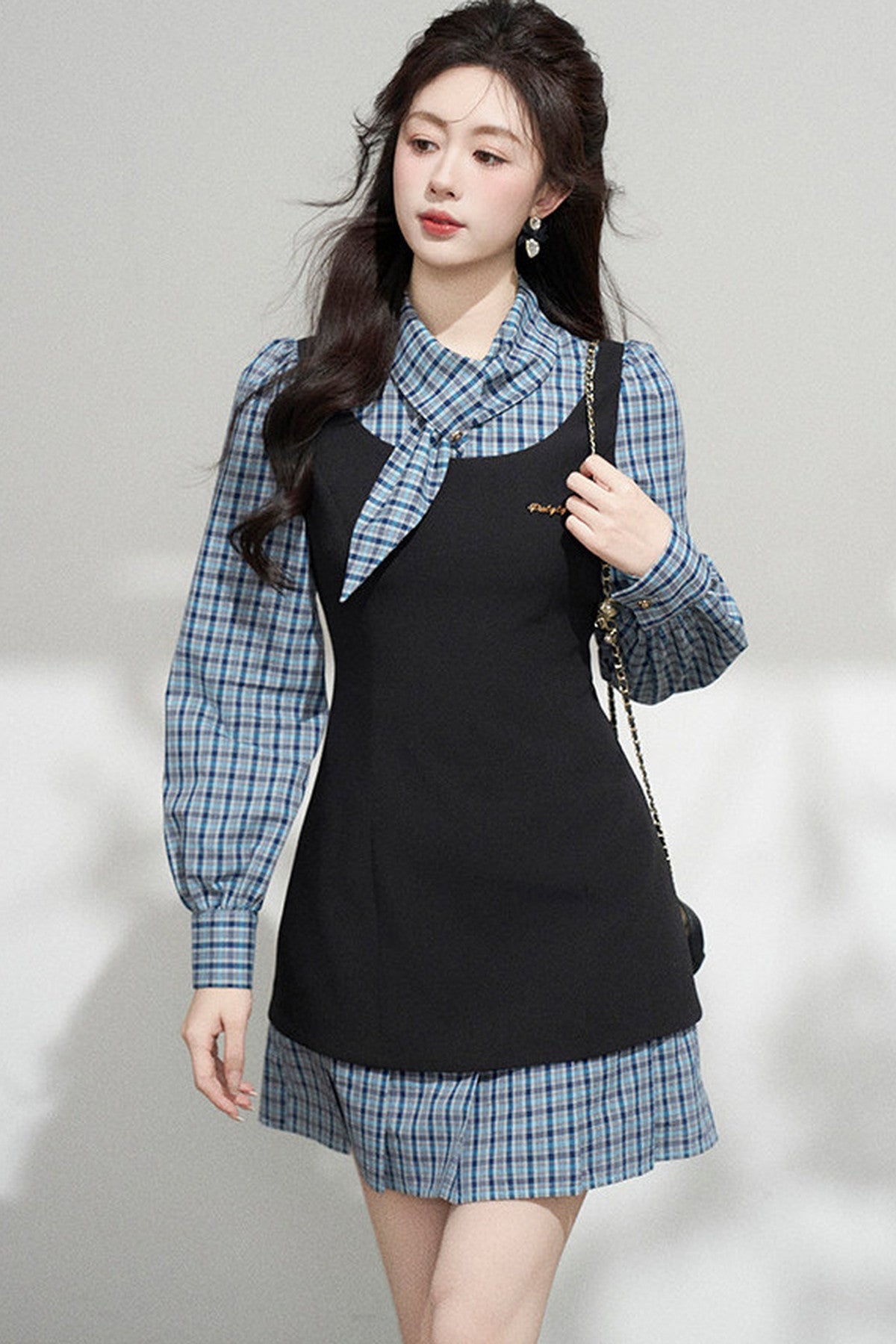 Blue Plaid Layered-Look Dress
