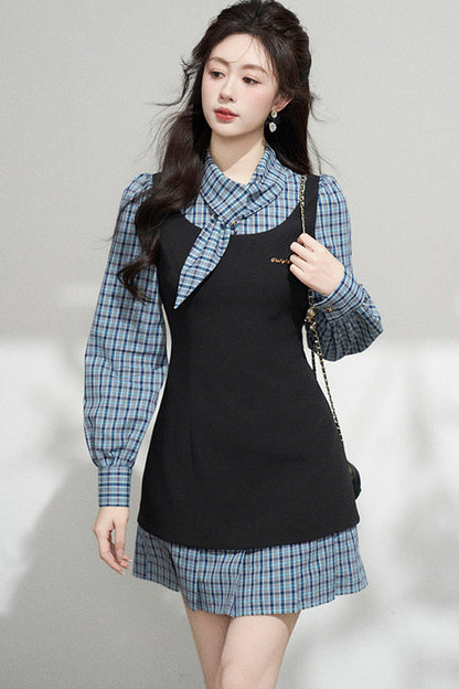 Blue Plaid Layered-Look Dress