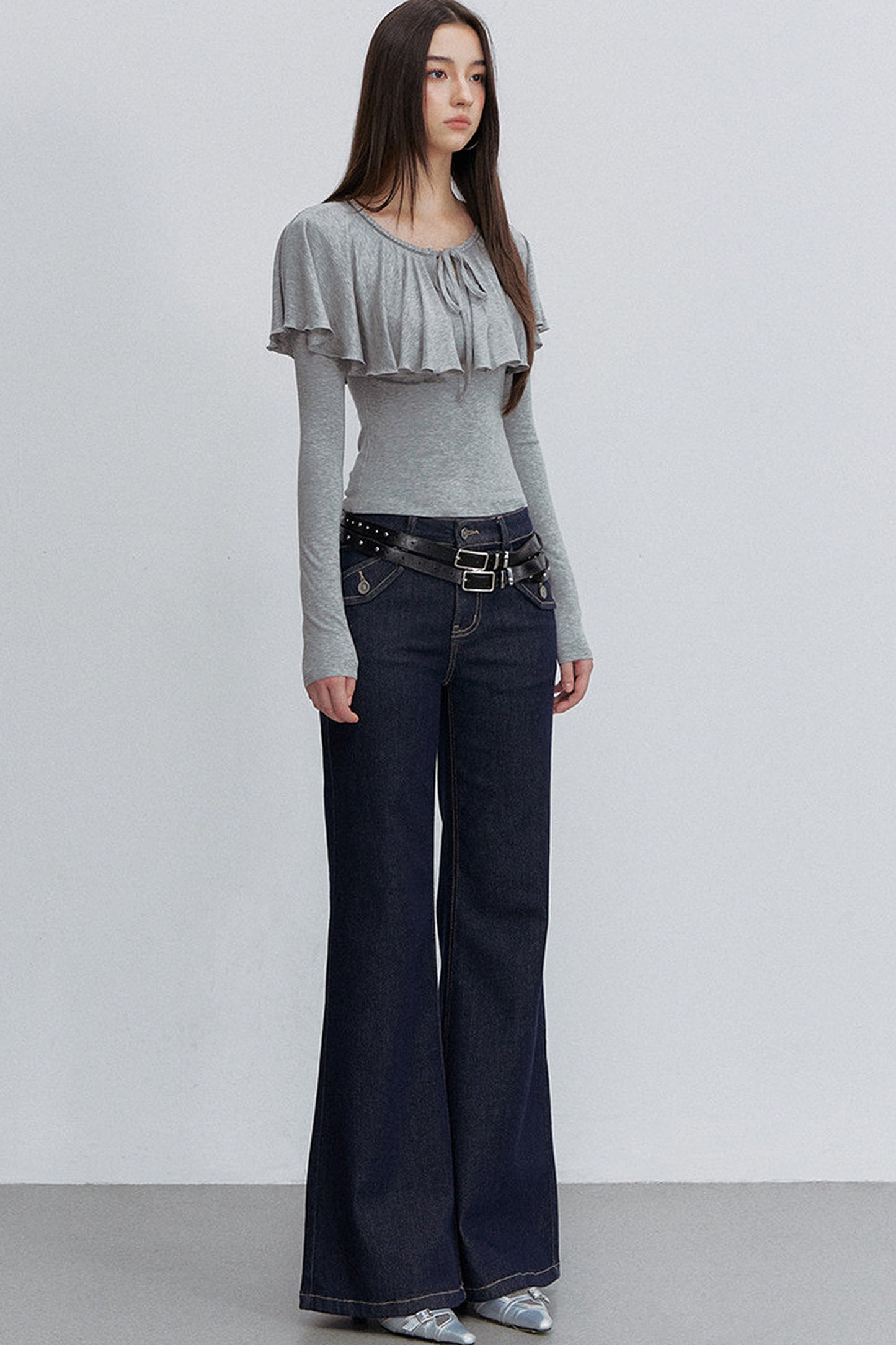 Tie-Front Ruffle Cape Long Sleeve Top