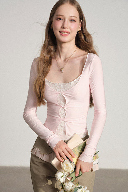 Layered-Look Hollow Out Long Sleeve Top
