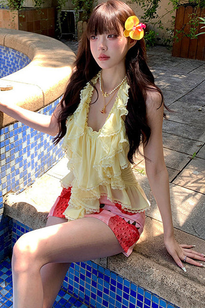 Yellow Ruffle Halter Top and Strawberry Skirt Set-Up