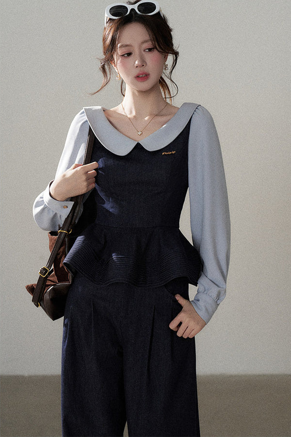 Doll Collar Shirt and Wide-Leg Pants Set-Up
