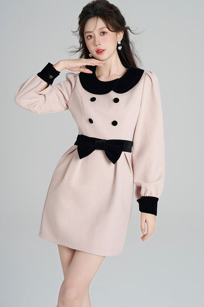 Pink Woolen Cinched Waist Dress