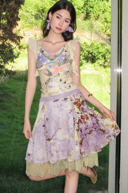Hand-Painted Floral Print Ruffle Cross Tie Top