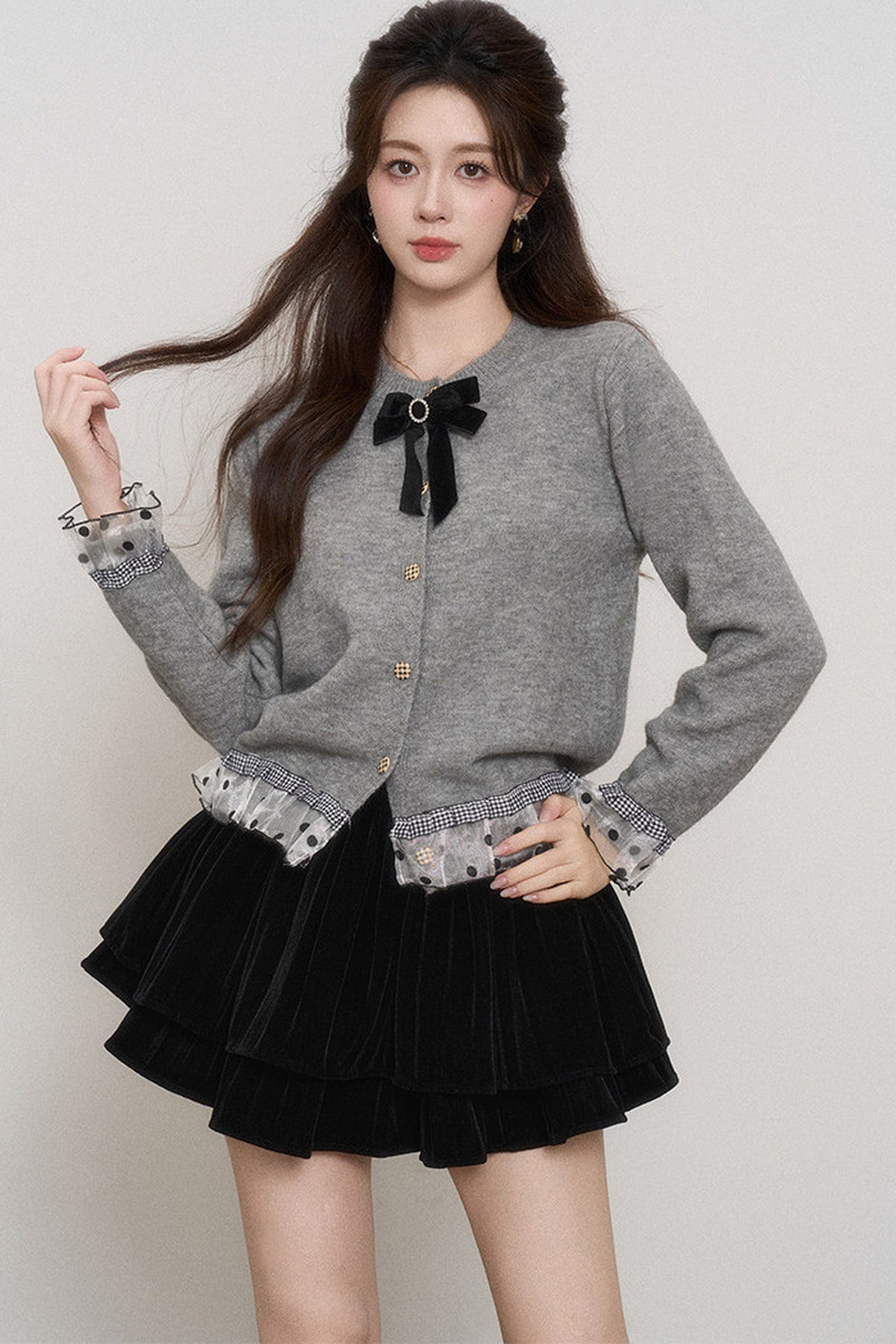 Gray Mesh Spliced Cardigan