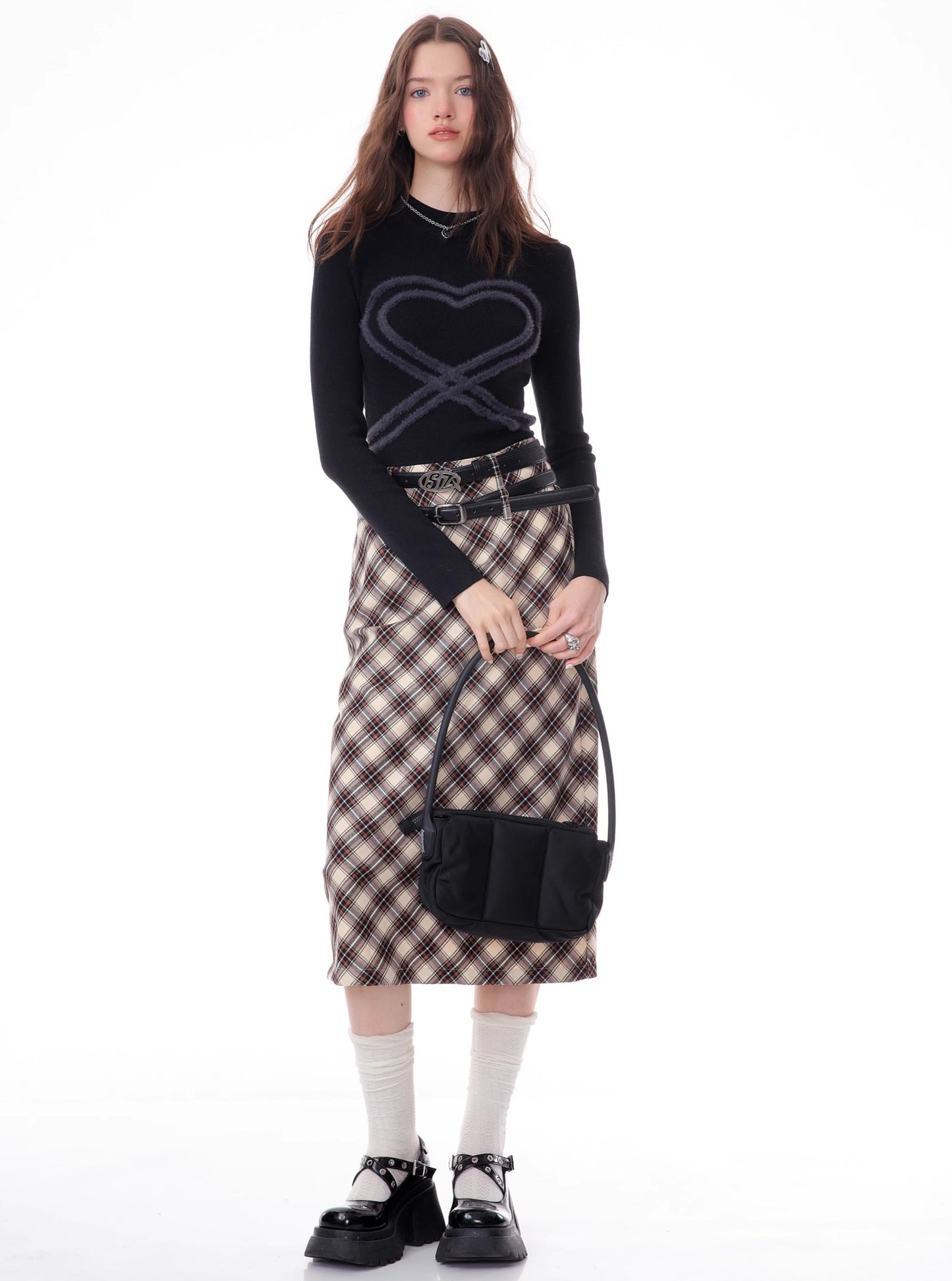 American high-waisted a-line midi plaid skirt