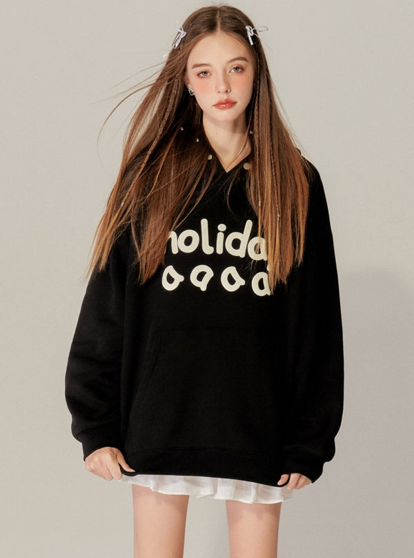 Vintage Suede Foam Print Hooded Tops