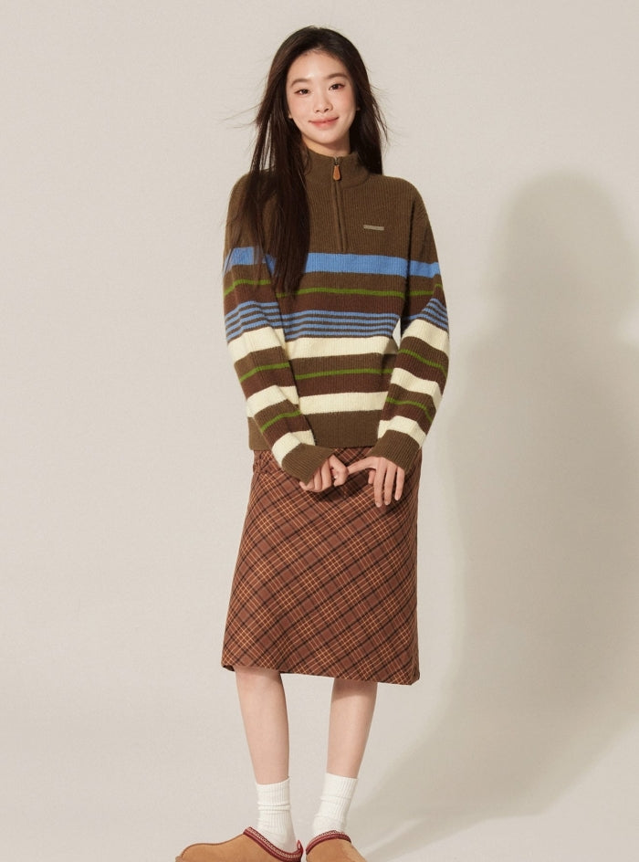 Retro Half-Zip High Neck Contrasting Striped Sweater