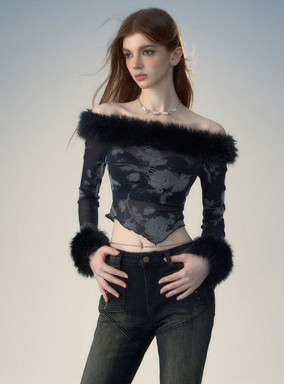 Fur collar long sleeve T-shirt