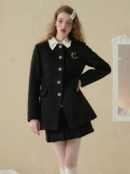 Retro Black Wool Slim Waist Coat with Skirt Set