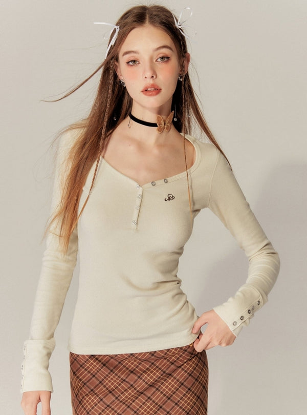 Heart Collar Long Sleeves Base T-Shirt
