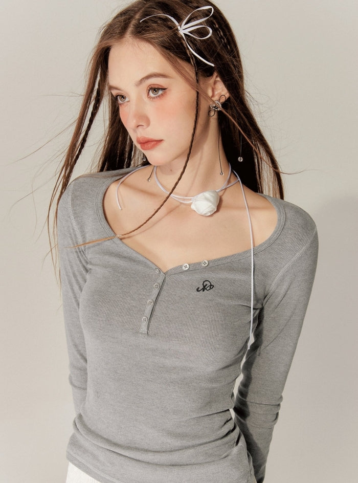 Heart Collar Long Sleeves Base T-Shirt