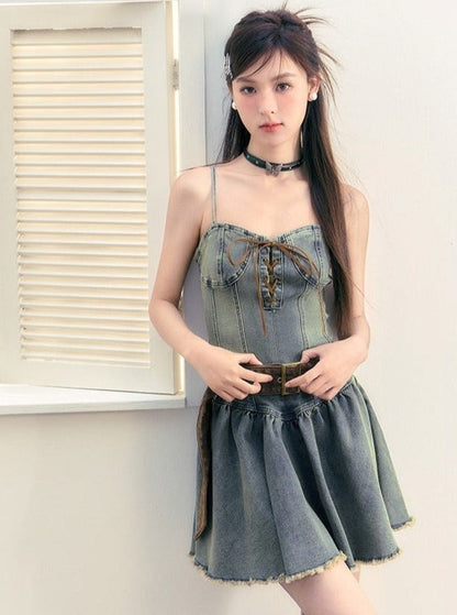 American Retro waist slim denim Dress