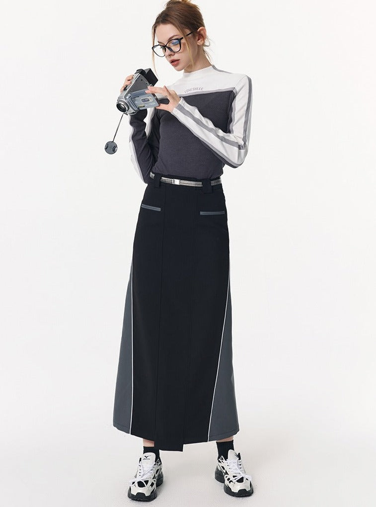 Design Sporty Patchwork Contrast Long Skirt