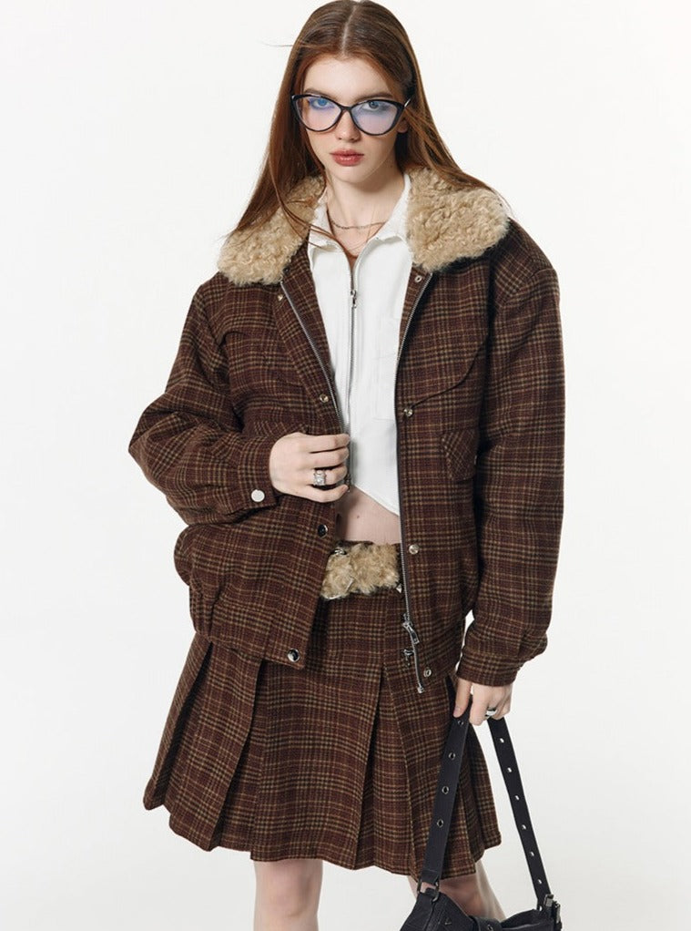 Thickened plaid short  Coat With Skirt Set