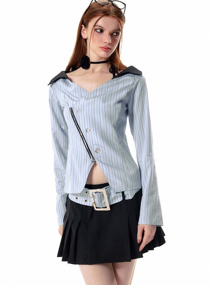 Zipper waist doll collar slit striped Shirt