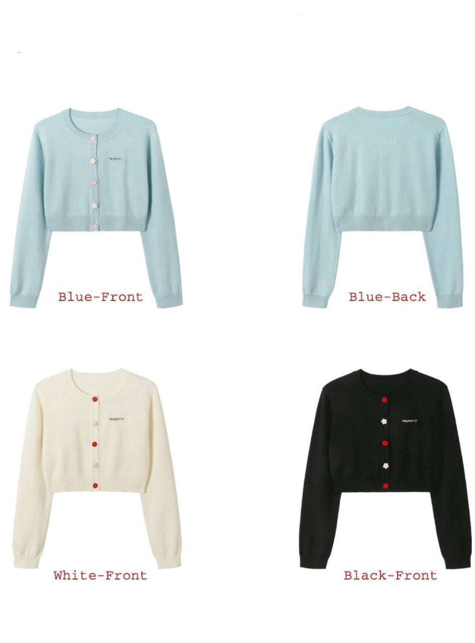 Contrasting button cropped wool knit cardigan tops
