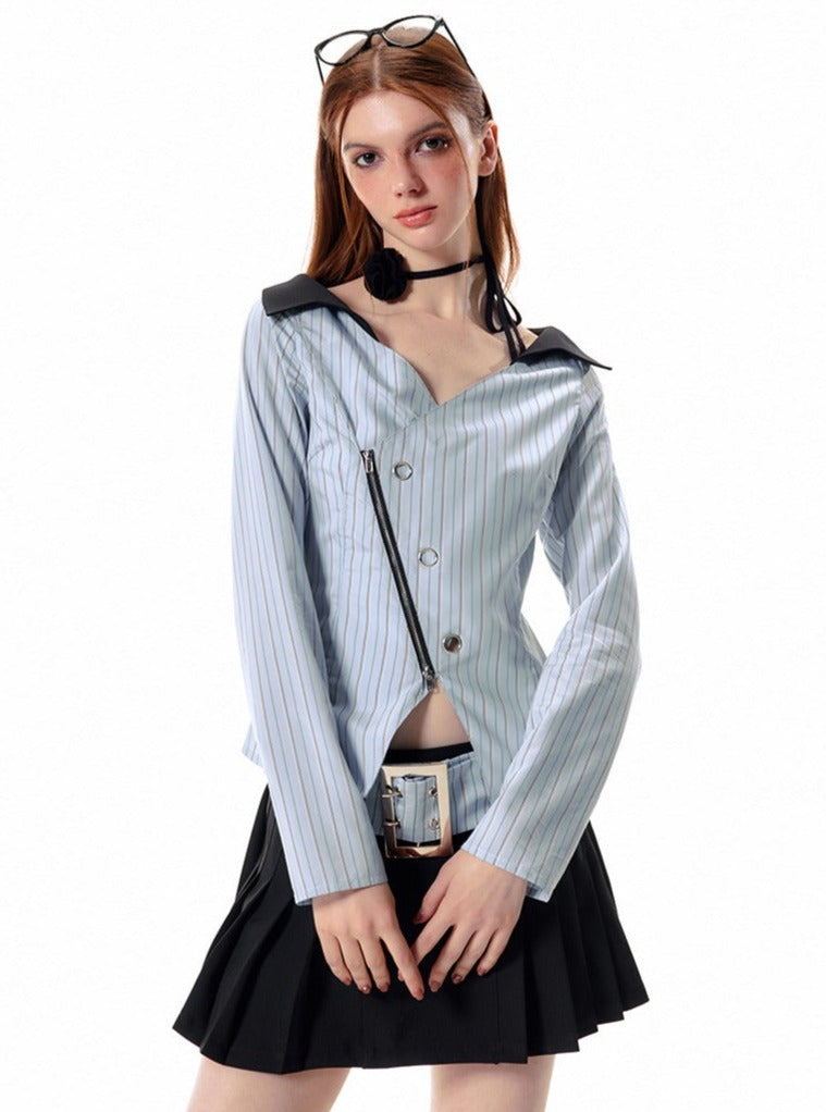 Zipper waist doll collar slit striped Shirt