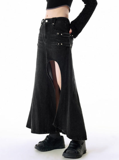 Hollow black slit denim Skirt