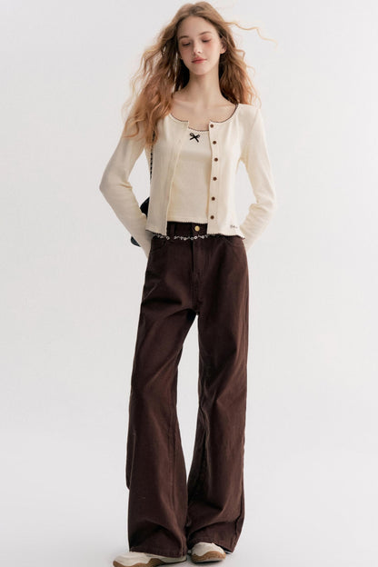 Rich Chocolate Floral Embroidery Wide-Leg Jeans