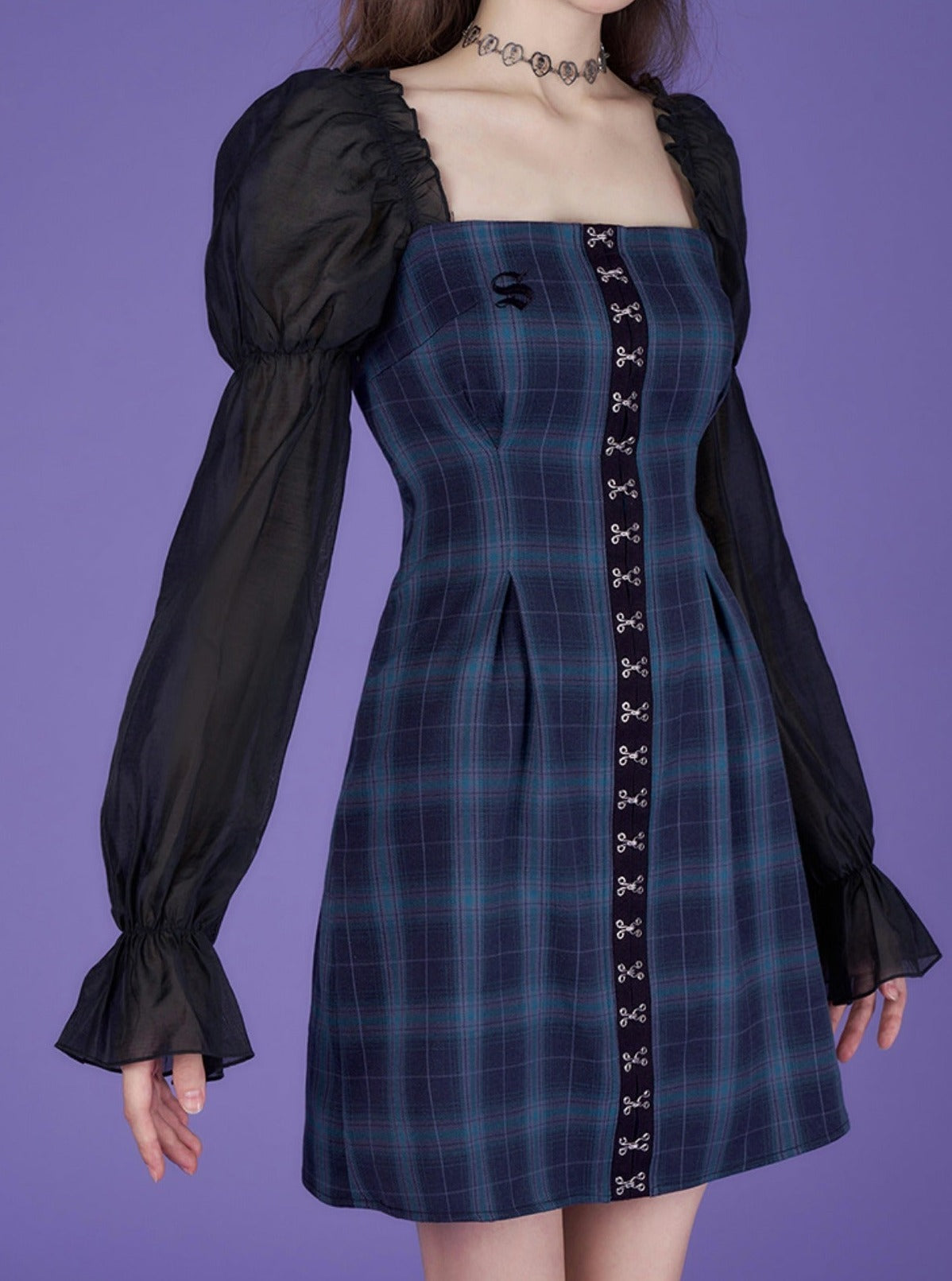 dark blue French long-sleeved dress