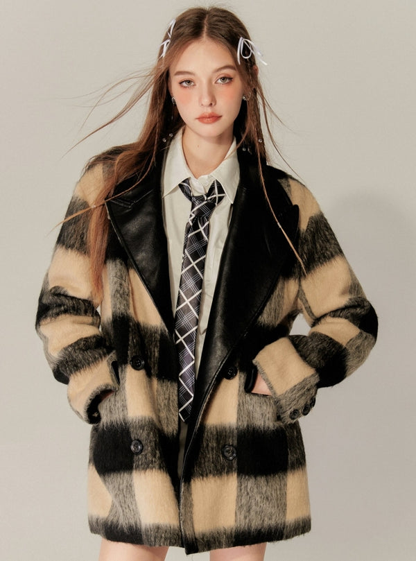 Plaid Patchwork Leather Varsity Coat