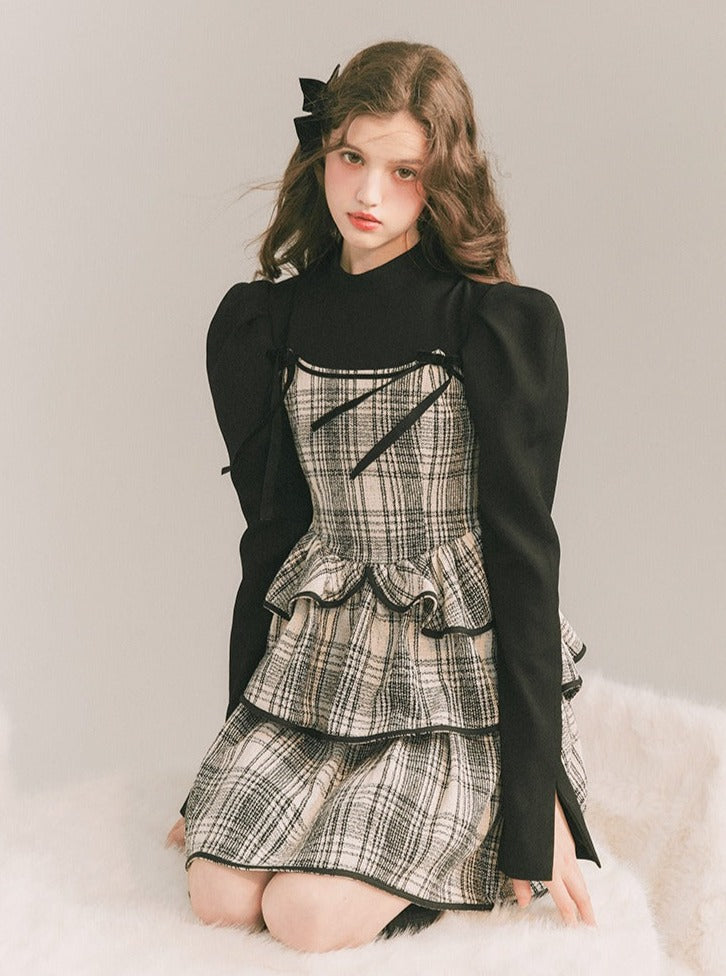 Plaid Cake Skirt Fake Two-piece Dress