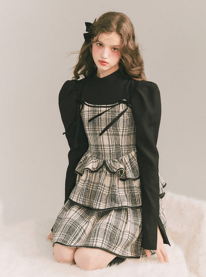 Plaid Cake Skirt Fake Two-piece Dress