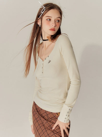 Heart Collar Long Sleeves Base T-Shirt