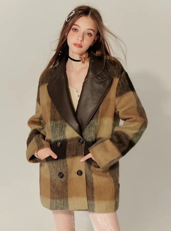 Plaid Patchwork Leather Varsity Coat