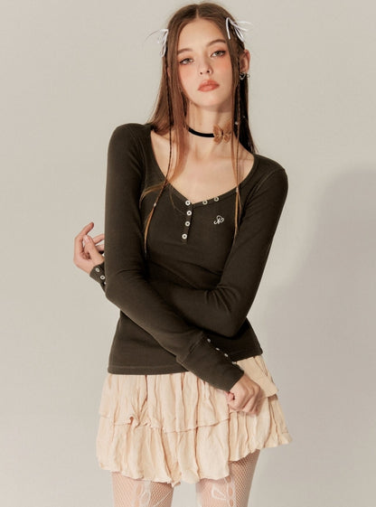 Heart Collar Long Sleeves Base T-Shirt