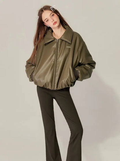 American Retro Lapel PU Lint Jacke