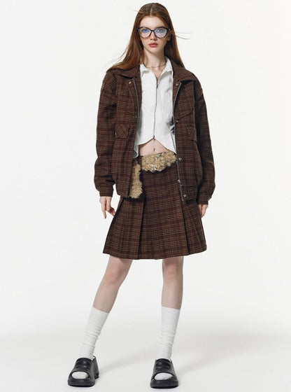 Thickened plaid short Coat With Skirt Set