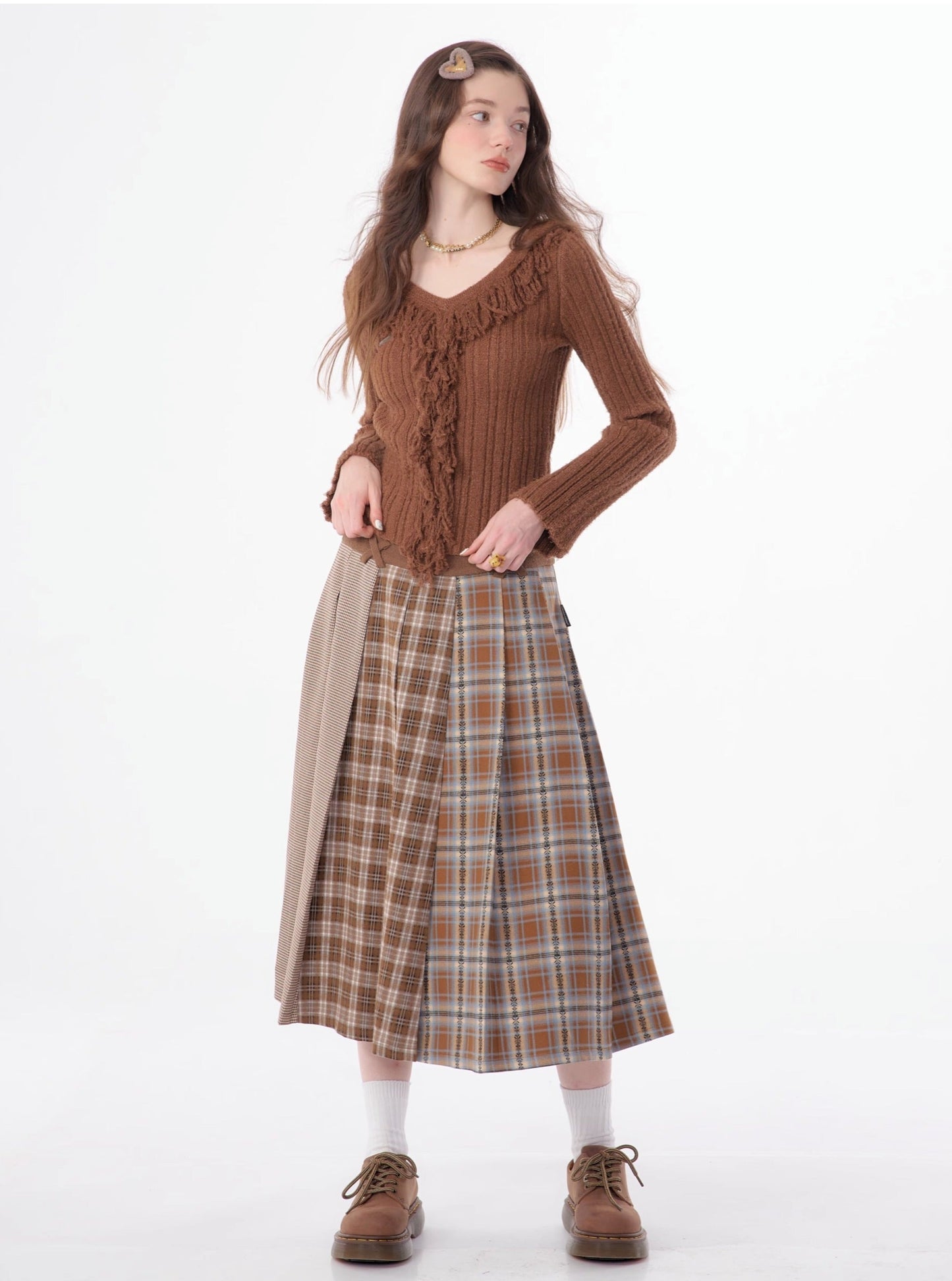 Paneled plaid midi thick tweed pleated skirt