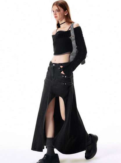 Hollow black slit denim Skirt